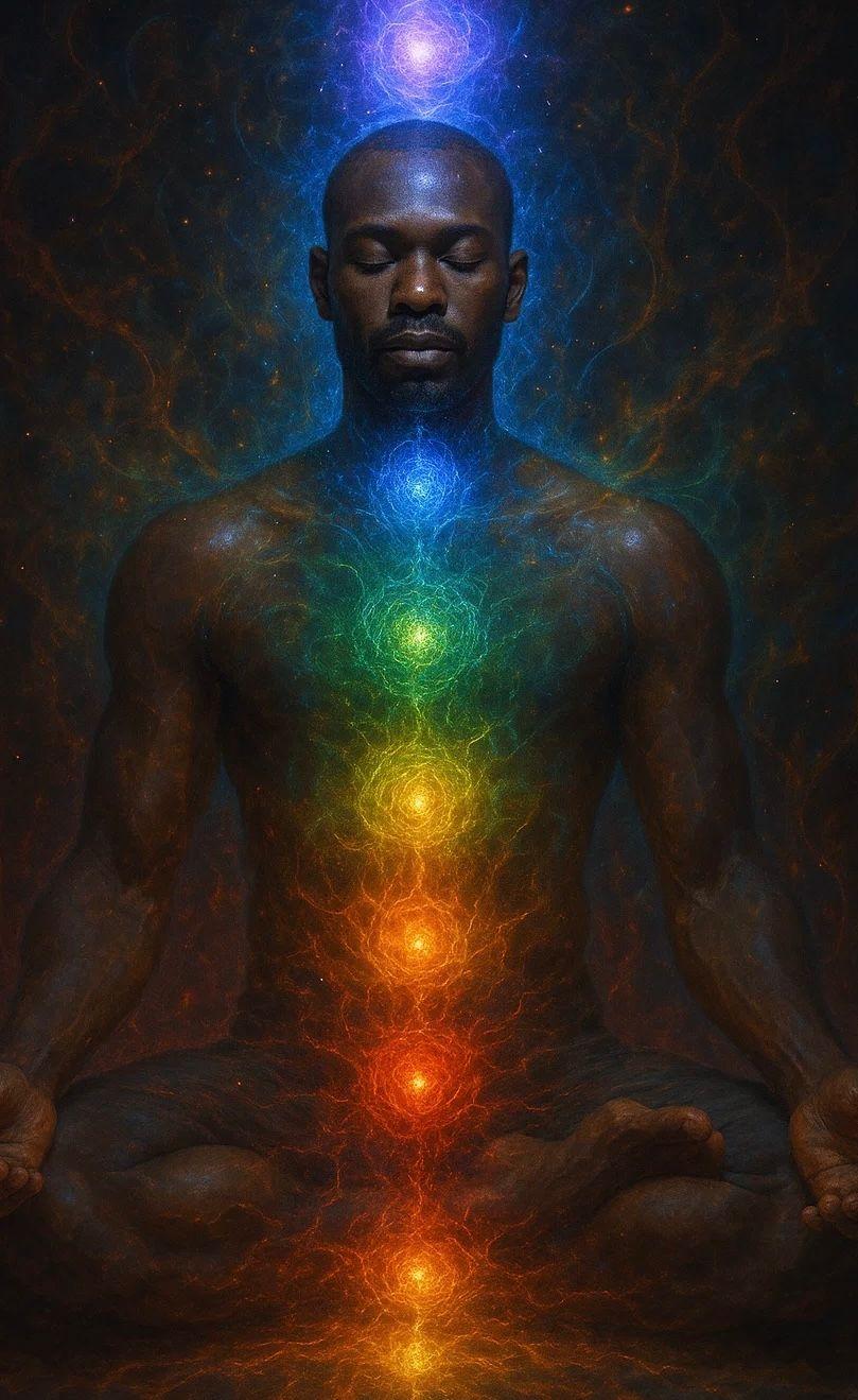 Person meditating with glowing chakras aligned along the body, each emitting colorful light.