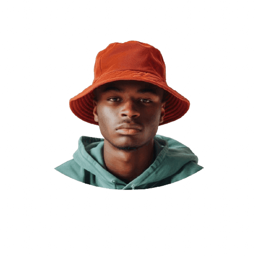 Individual wearing a red bucket hat and green hoodie against a black background.