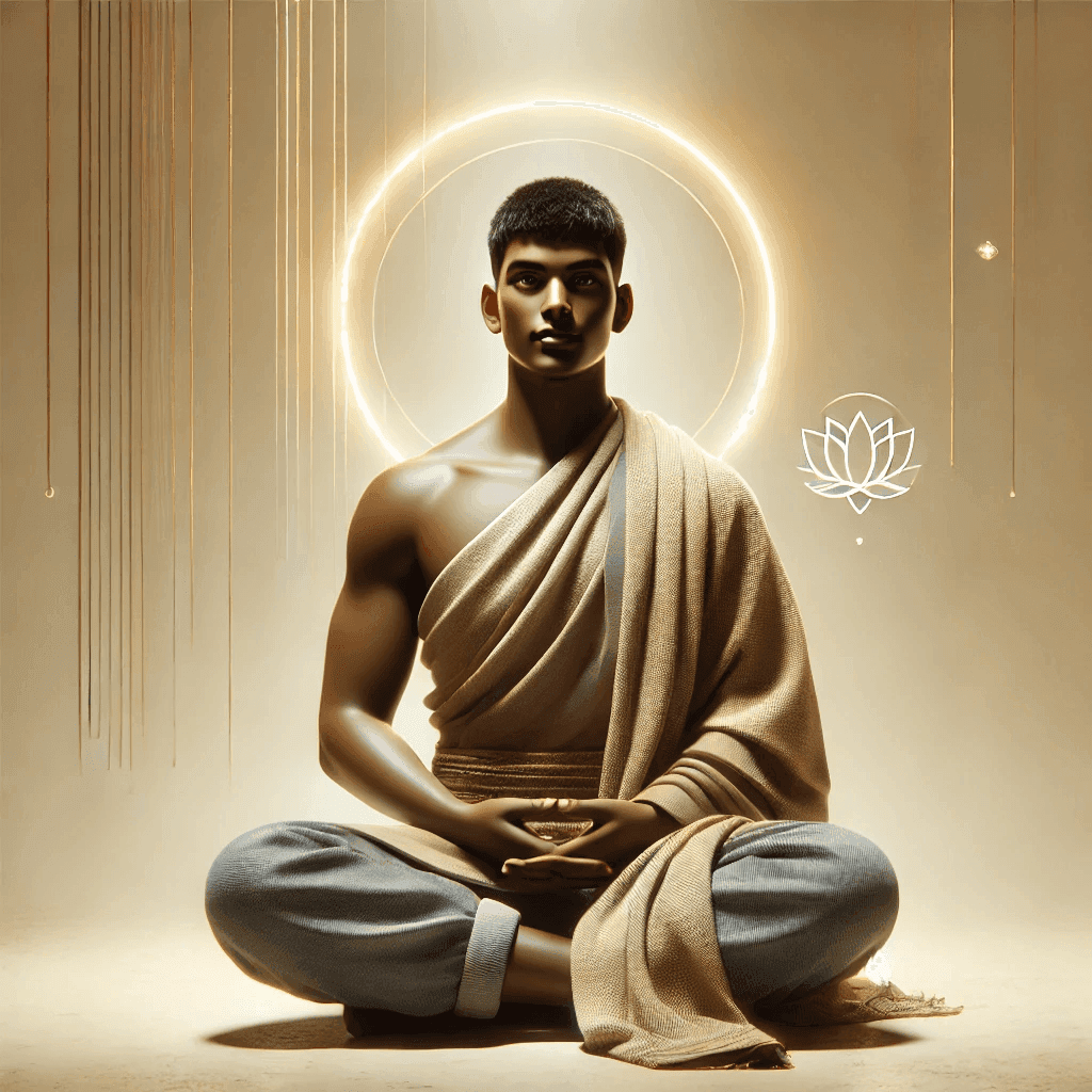 Person meditating in a lotus position with a glowing halo and abstract geometric patterns in the background.