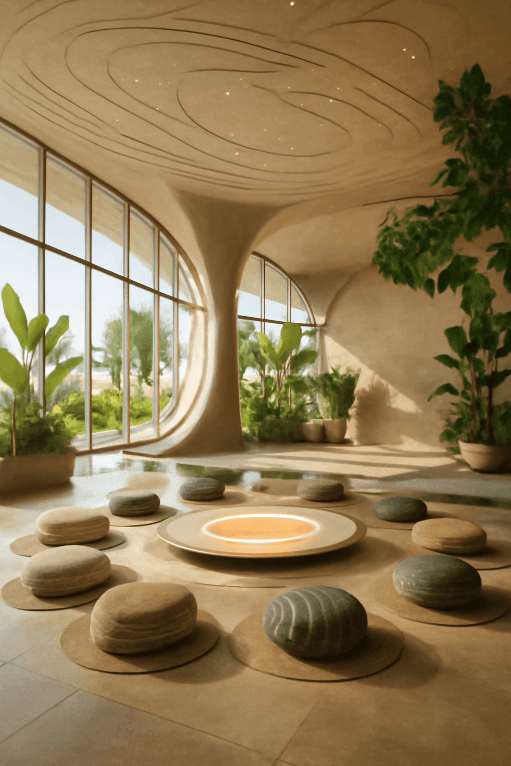 Modern, organic-style room with circular seating and large windows, lush plants lining the space.