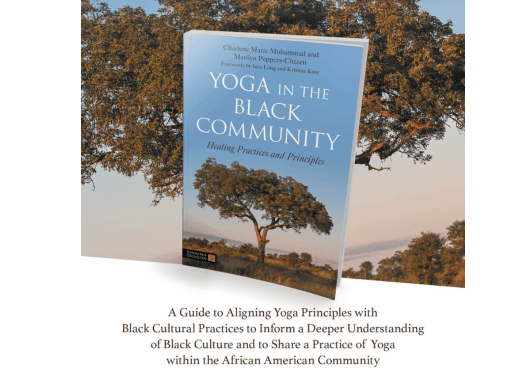 Book cover for 'Yoga in the Black Community' with tree background and guide description below.