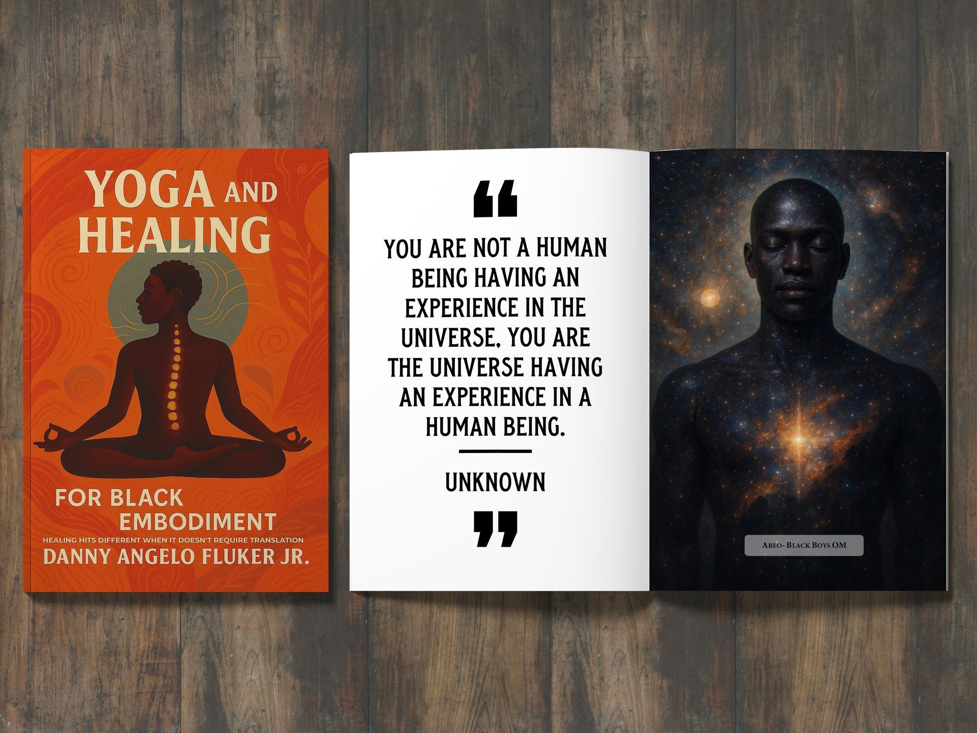 Cover and inner pages of a yoga and healing book for Black embodiment on a wooden table.